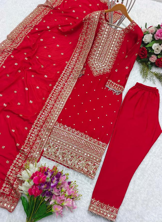 Pure Chinnon Silk Red Wedding Wear Embroidery Work Readymade Straight Suit